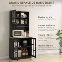 HOMCOM Buffet cuisine, meuble cuisine rangement haut, meuble de rangement avec plan de travail, 3 portes vitrées, 2 niches et étagères réglables, 80 x 37 x 183 cm, noir chêne(m-4)