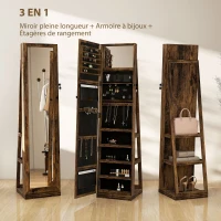HOMCOM Armoire à Bijoux pivotante verrouillable boîte à bijoux avec Miroir - Armoire Bijoux Multi-Rangement - Brun Rustique(m-4)