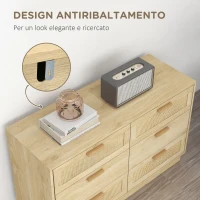 HOMCOM Cassettiera 6 Cassetti Stile Boho per Camera e Ingresso in Legno e Rattan, 110x40x69 cm, Rovere(m-6)