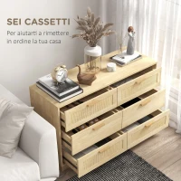 HOMCOM Cassettiera 6 Cassetti Stile Boho per Camera e Ingresso in Legno e Rattan, 110x40x69 cm, Rovere(m-5)