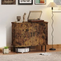 HOMCOM Mid-Century Modern Sideboard Storage Cabinet with Slatted Tambour Sliding Doors, Kitchen Cabinet with Steel Legs, Rustic Brown(m-2)