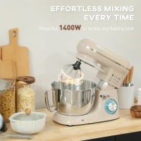 HOMCOM 1300W Kitchen Stand Mixer, with Accessories - Beige(m-4)