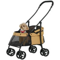 PawHut Cochecito para Perros Pequeños Plegable con Ventanas de Malla Cojín Lavable Correas de Seguridad y Marco de Acero Café(m-1)