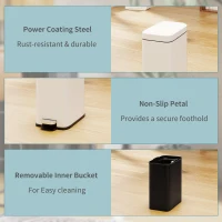 HOMCOM 5L Rectangular Compact Bin Steel Body Removable Bucket Quiet-Close Lid w/ Pedal Lid Rubbish Trash Can Home Office Bedroom Bathroom Living Room Garbage Tidy Clean White(m-6)