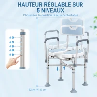 HOMCOM Tabouret de douche, tabouret de bain avec siège rembourrée en U amélioré et accoudoirs, hauteur réglable, bleu(m-5)