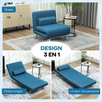 HOMCOM Fauteuil convertible 3 en 1 chauffeuse lit 1 place avec coussin bleu(m-4)