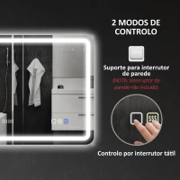 HOMCOM Espelho de Casa de Banho com Luz LED 80x60 cm Bluetooth 3 Cores de Luz Relógio Digital Função Antiembaciamento Memória Prata(m-8)