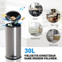 HOMCOM 30L Mülleimer Abfalleimer, Papierkorb, Treteimer mit Deckel, Fußpedal, Müllbehälter mit Inneneimer, Mülltrennung für Wohnzimmer, Büro, Rund(m-4)