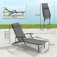 Outsunny Set de 2 Șezlonguri Pliante, Ajustabile în 4 Poziții cu Cotiere și Perne, 64x154x87 cm, Gri(m-3)
