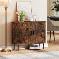 HOMCOM Mid-Century Modern Sideboard Storage Cabinet with Slatted Tambour Sliding Doors, Kitchen Cabinet with Steel Legs, Rustic Brown(m-8)
