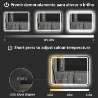 HOMCOM Espelho de Casa de Banho com Luz LED 80x60 cm Bluetooth 3 Cores de Luz Relógio Digital Função Antiembaciamento Memória Prata(m-5)