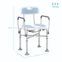 HOMCOM Tabouret de douche, tabouret de bain avec siège rembourrée en U amélioré et accoudoirs, hauteur réglable, bleu(m-3)