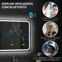 HOMCOM Espelho de Casa de Banho com Luz LED 80x60 cm Bluetooth 3 Cores de Luz Relógio Digital Função Antiembaciamento Memória Prata(m-4)