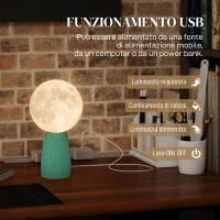 HOMCOM Lampada da Tavolo a Forma di Luna e 3 Colori con 10 Luminosità, in ABS, Ø15x28 cm, Bianco e Verde Scuro(m-6)