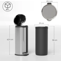 HOMCOM Cubo de Basura con Apertura a Pedal Basurero Automático Cierre Interno Extraíble con Volumen de 30 L Acero Inoxidable Ф29,2x62,9 cm Plateado(m-3)