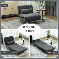 HOMCOM Poltrona Letto 3 in 1 con Schienale Regolabile e Cuscino in Tessuto Effetto Lino, Grigio Scuro(m-4)