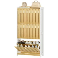 HOMCOM Range-Chaussures Étroit avec 3 Portes en Bambou avec Lattes Étagères Ajustables pour 18 Paires de Chaussures Blanc et Naturel(m-1)