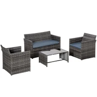 Outsunny 4 Pieces PE Rattan Garden Sofa Set with Cushions, Outdoor Patio Wicker Weave Conservatory Furniture Set with a Loveseat, 2 Armchairs and a Glass Top Coffee Table, Grey(m-1)