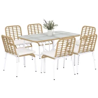 Outsunny Juego de Muebles de Jardín para Exterior de Ratán de 7 Piezas Incluye 6 Sillas Apilables con Cojines y Mesa Natural(m-10)