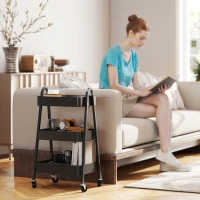 HOMCOM Serveerwagen met 3 Lagen, Keukenwagen Met Wielen, Handvat en Rem voor Keuken, Kantoor, Badkamer, Zwart(m-8)