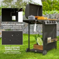 Outsunny 4+1 Burner Gas BBQ Grill, Portable Gas Barbecue Grill with Built-in Thermometer, Lid, Side Table, Shelf, Spice Rack, Wheels, Grease Cup for Garden Party Outdoor Cooking, Black(m-7)
