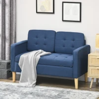 HOMCOM Modern Loveseat Sofa, Compact 2 Seater Sofa with Hidden Storage, 117cm Tufted Cotton Couch with Wood Legs, Blue(m-7)