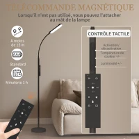 HOMCOM Lampadaire sur pied de salon avec télécommande, contrôle tactile, température couleur et luminosité réglables, noir(m-7)