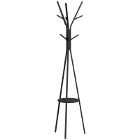 HOMCOM Freestanding Metal Coat Rack Stand 9 Hooks Clothes Tree with 1 Shelf Hat Display Hall Tree Hanger Bag Umbrella Hanging Organiser Black(m-1)