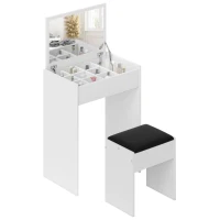 HOMCOM Coiffeuse Table de Maquillage avec Tabouret Miroir Rabattable 9 + 1 Compartiments intégrés 60L x 40l x 79H cm Blanc Noir(m-1)