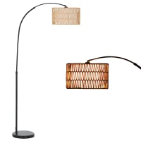 HOMCOM Rattan Floor Lamp for Living Room, Farmhouse Arc Standing Lamp with Dual-Layer Shade & Foot Switch, Height Adjustable Minimalist Tall Pole Lampshade for Bedroom, Office, Black(m-10)