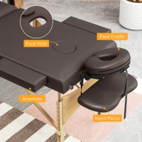 HOMCOM Table de Massage Pliable en Bois 3 Zones avec Hauteur Réglable Appuie-tête Accoudoirs 215x60x64-89 cm Marron(m-4)