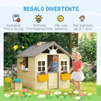 Outsunny Casetta Bimbi 3-7 Anni a 2 Finestre con Portavasi e Panchina, in Legno di Abete e PP, 113Lx94x134.5 cm(m-4)