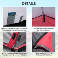 Outsunny Campingzelt, Wurfzelt für 2-3 Personen, Vorraum & Schlafbereich, wasserdicht, 426 x 206 x 154 cm, Grau(m-6)