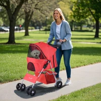 PawHut Carucior pentru Animale de Companie Pliabila, Rosu, 75 x 46 x 94 cm(m-14)