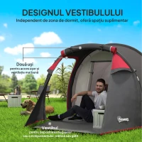Outsunny Cort pentru Camping 2 Locuri cu Vestibul Mare, Cort Impermeabil Usi cu Fermoar, 426x206x154cm Gri(m-5)