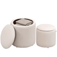 HOMCOM Set of 2 Round Ottoman with Storage, Fabric Vanity Stool for Makeup, Footrest Stool with Removable Lid for Living Room & Bedroom, Cream White(m-10)