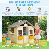 Outsunny Spielhaus für Kinder Holz Kinderspielhaus mit Fenster Briefkasten Outdoor Gartenspielhaus mit Blumentopfrack Holzspielhaus für 3-7 Jahre Tannenholz Natur 113 x 94 x 134,5 cm(m-4)