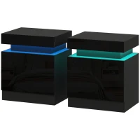 HOMCOM High Gloss Front Bedside Tables Set of 2, Nightstands with RGB LED Light and 2 Drawers, Chest of Drawers for Bedroom, Living Room, Black(m-11)