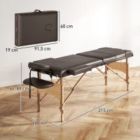 HOMCOM Klappbares Massagebett 3-Zonen-Holz Verstellbare Höhe Kopfstütze Armlehnen 215x60x64-89 cm Dunkelbraun(m-3)