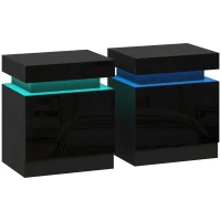 HOMCOM High Gloss Front Bedside Tables Set of 2, Nightstands with RGB LED Light and 2 Drawers, Chest of Drawers for Bedroom, Living Room, Black(m-1)