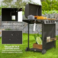 Outsunny Barbecue a Gás com 4+1 Queimadores 12 kW Termómetro Mesa Lateral Grelha Recolhedor de Gordura 2 Rodas  121x54x97 cm Preto(m-7)