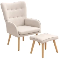 HOMCOM Poltrona com Apoio para Pés Poltrona de Leitura com Capitonê Pés de Madeira e Revestimento em Linho 70x72x94 cm Bege(m-11)