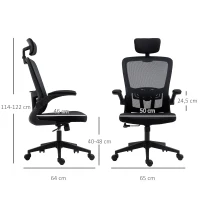Vinsetto Silla de Oficina de Malla Silla Escritorio Giratoria con Altura Ajustable Reposabrazos Plegable Reposacabezas y Soporte Lumbar Regulables 65x64x114-122 cm Negro(m-3)