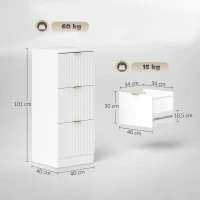 HOMCOM Bloco de Gavetas de Escritório com 3 Gavetas Frentes Caneladas Móvel para Arquivo para Tamanho A4 ou Carta 40x40x101 cm Branco(m-3)