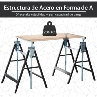 HOMCOM Set de 2 Caballetes Metálicos Plegables con Altura Ajustable Caballetes de Sierra de Acero 68x58x80-130 cm Negro(m-5)