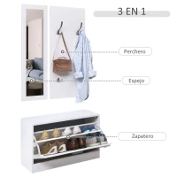 HOMCOM Conjunto de Muebles de Entrada Recibidor Pasillo Set de 3 Piezas Zapatero Espejo Perchero con 4 Ganchos para Colgar Ropa 80x27x46,5cm Blanco(m-4)