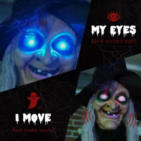 HOMCOM 6ft Outdoor Halloween Decoration Witch, Hanging Witch Prop Life Size with Sound and Motion Activated, Light Up Eyes, Talking Sound, Posable Arms(m-5)