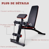 HOMCOM Banc de musculation pliable inclinable, banc réglable pour le développé couché, le curl biceps, la musculation du dos et des abdominaux, avec extenseur des jambes, acier, noir rouge(m-8)