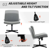 HOMCOM Armless Office Chair No Wheels, Linen Fabric Criss Cross Legged Desk Chair with Wide Seat, Thick Padding, Tilt Function, Height Adjustable Swivel Computer Seat for Home, Grey(m-6)