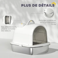 PawHut Maison de toilette pour chat bac à litière fermé bac acier inoxydable, nettoyage facile, 52,4 x 41,3 x 39,9 cm, blanc(m-7)
